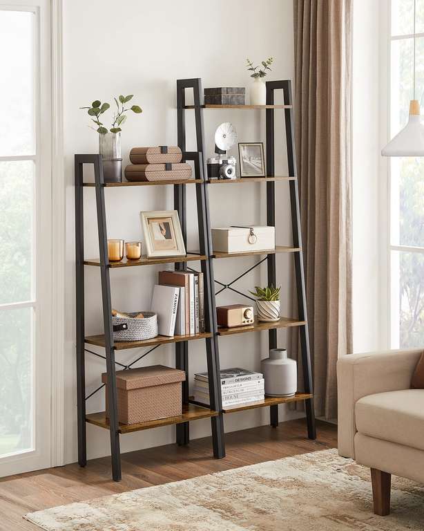 VASAGLE Ladder Shelf, Bookshelf, 4-Tier Industrial Storage Rack for Living Room, Bedroom, Kitchen, Rustic Brown and Black LLS44X