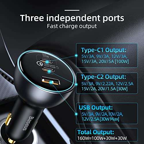 Baseus Car Charger USB C 160W, QC5.0 PD3.0 100W + 30W + 30W 3 Ports Fast Charge - £37.59 sold by Baseus UK Shop FB amazon