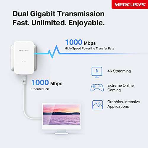 Mercusys AV1000 Gigabit Powerline Starter Kit, Data transfer speed Up To  1000 Mbps, Ideal for 4K streaming, online gaming (MP500 KIT)