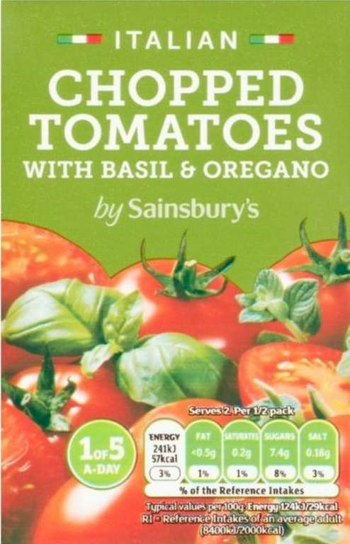 Sainsbury's Italian Chopped Tomatoes with Chilli/ Basil 390g 20p @ Sainsbury's