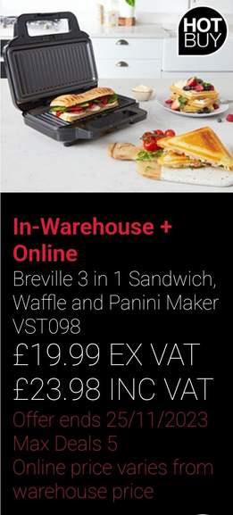 Breville 3 in 1 Sandwich Waffle and Panini Maker Silver VST098