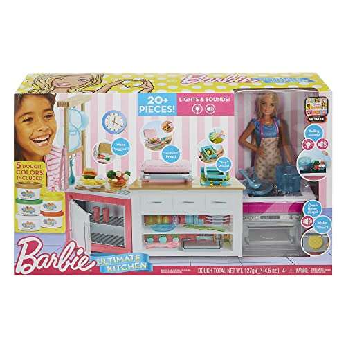 Barbie Kitchen Playset with Doll, Lights & Sounds, Food Molds, 5 Dough Colors and 20+ Accessories