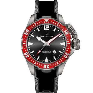 Hamilton Khaki Navy Frogman Titanium Automatic Black Dial Red Bezel Rubber Strap Mens Watch H77805335