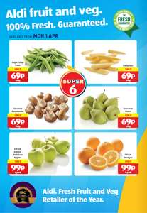 ALDI SUPER 6 from 4/04/24. Sugar snap peas, Babycorn,Chesnut Mushrooms, Pears, Apples, Oranges