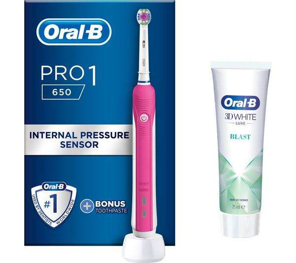 ORAL B Pro 1 650 Electric Toothbrush - Pink - £17.07 using voucher and collect in store @ Currys