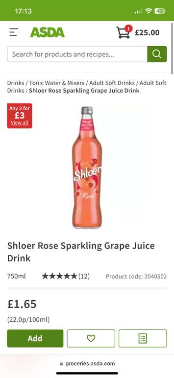 Shloer Red Grape Sparkling Juice Drink & Other Flavours 3 for £3 @ Asda