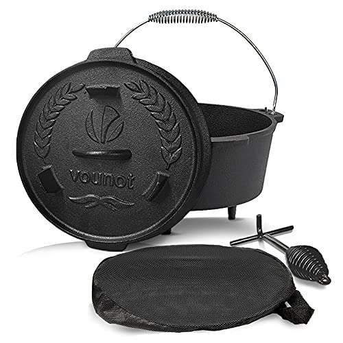 VOUNOT Dutch Oven 4.25 Ltrs, Pre-Seasoned Cast Iron Pot & Carry Bag, Feet, Lid Lifter, Spiral Handle & Thermometer Slot - £27.50 @ Amazon