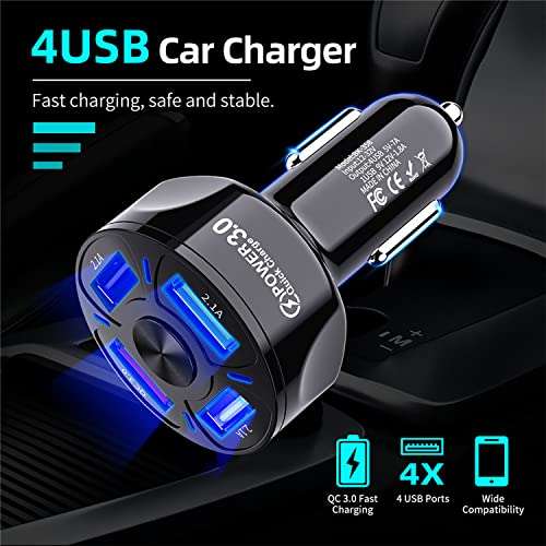 Car Charger 4 Port QC 3.0, GVTECH Fast Charging USB-A Adaptor with LED Light - £3.99 Dispatched By Amazon, Sold By DGVUK