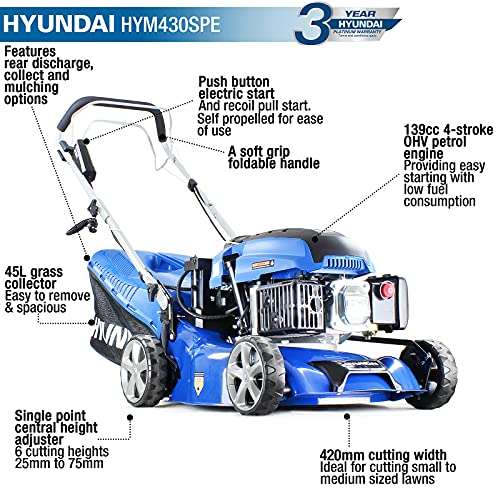 Hyundai 17"/42cm 139cc Electric-Start Self-Propelled Petrol Lawnmower with 3 Year Warranty