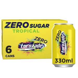Lucozade Zero Fizzy Drink, Energy Sports drink - Tropical Flavour, Sugar Free, Low Calorie, 6 Pack, 330ml Cans