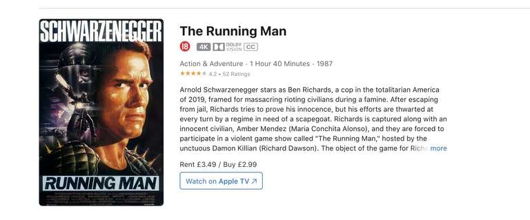 The Running Man 4k HDR £2.99 to buy @ iTunes Store
