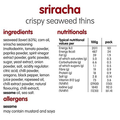 Itsu Crispy Seaweed Thins Healthy Snack 5g (Pack of 18) Vegan Low Calorie Sriracha Flavour £2.19 @ Amazon