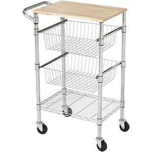 Amazon Basics 3-Tier Metal Basket Rolling Cart with Wood Top, Silver