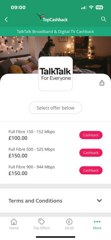 Talk talk 500mb broadband £35 per month 18 months plus £125 voucher & £150 TCB via TCB website - effective £19.77 per month