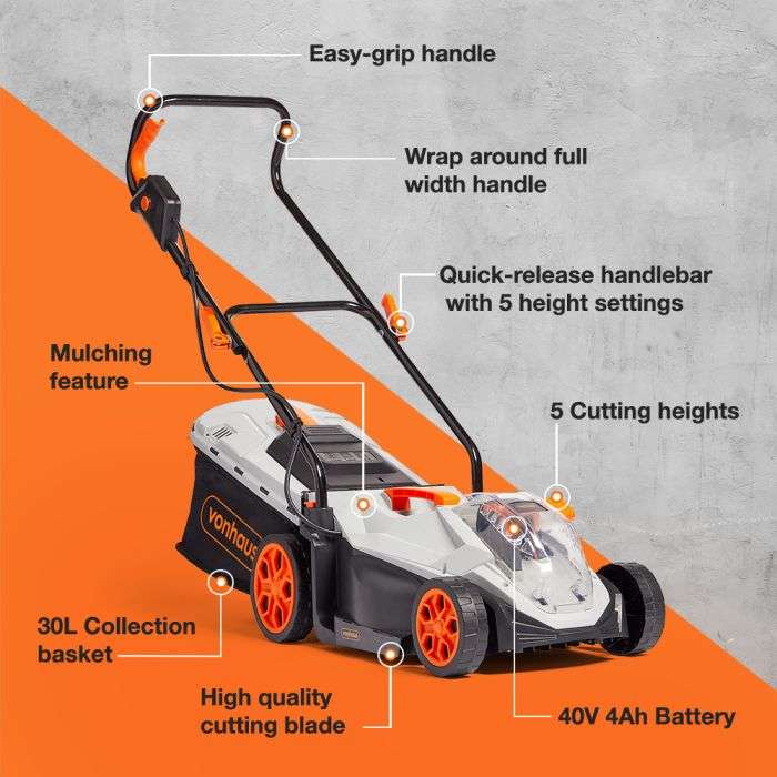 Vonhaus Cordless Lawn Mower with 40V 4Ah Li-ion battery and charger, delivered using code