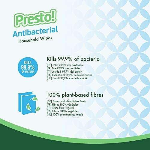Presto! Biodegradable Antibacterial Wipes, 252 wipes (42x6 packs) £6.31/£5.99 Subscribe & Save £4.10 after 20% Voucher on 1st S&S @ Amazon