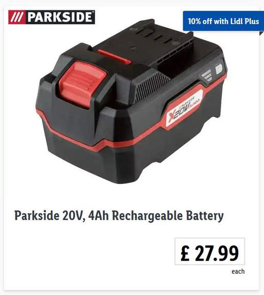 Parkside 20V, 4Ah Rechargeable Battery £27.99 (£25.19 Via Lidl Plus App) @  Lidl