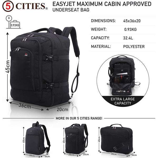5 Cities (45x36x20cm) easyJet Maximum Size Cabin Backpack Luggage Under Seat Flight Bag £25.99 at Travel Luggage Cabin Bags