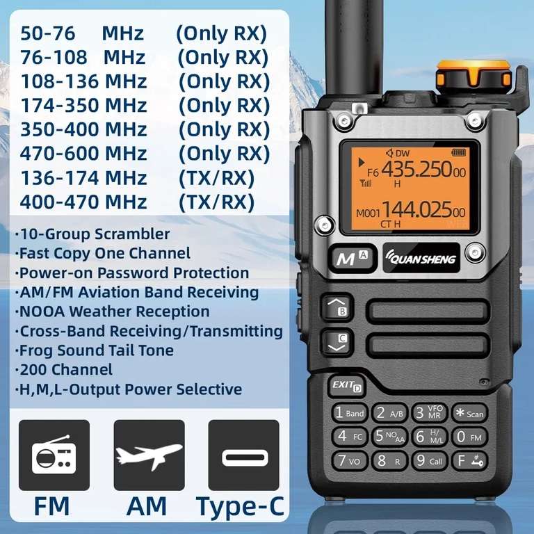 Quansheng UV-K5 50-600MHz Air Band Walkie Talkie 200Ch 5W DTMF FM Scrambler  NOAA Wireless Frequency Copy Two Way Radio - Two Way Radio