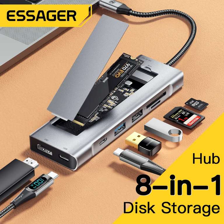 Essager 8-in-1 USB Hub Disk Storage Function 10Gbps/100W Power Delivery(£16.88 Welcome Deal New/Returning buyers)@ ESSAGER Official Store