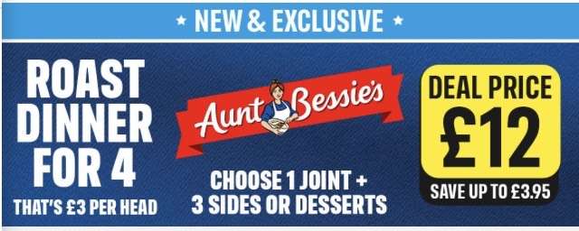 Aunt Bessie’s launches meat joint meal deal 1 joint + 3 sides or desserts @ Iceland
