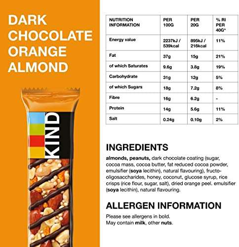 KIND Bars, Healthy Gluten Free & Low Calorie Snack Bars, Dark Chocolate Orange and Almond, 12 Bars (More in OP) £4.99 / £4.49 @ Amazon