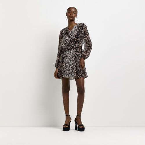 River Island Womens Mini Dress Brown Animal Print Cowl Neck Long Sleeve sizes 6-18 Sold by River Island