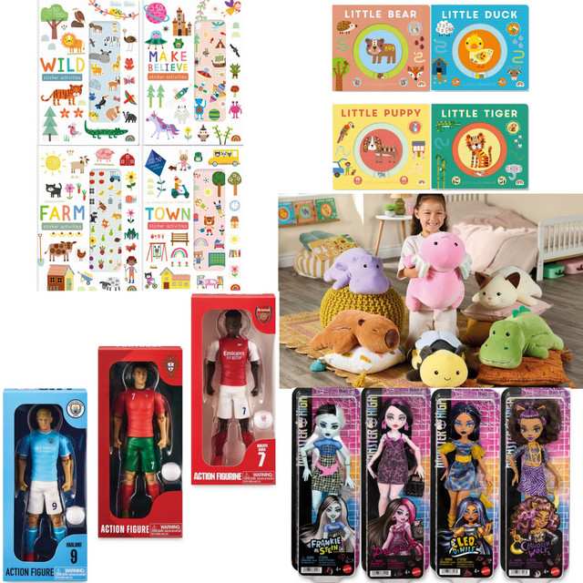 Sticker Activity £1.99 / Little Journey Books £2.99 / Huggable Plush £9.99 / Monster High Dolls £9.99 / Football Figures 20cm £12.99 + More