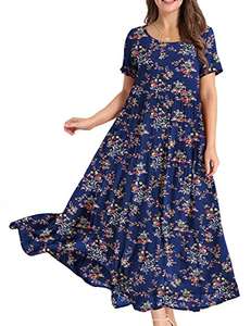 YESNO Women Dresses Casual Plus Size Bohemian Short Sleeve Floral Long Maxi Summer Beach Swing Dress/Pockets Sold by yourfashionshow UK