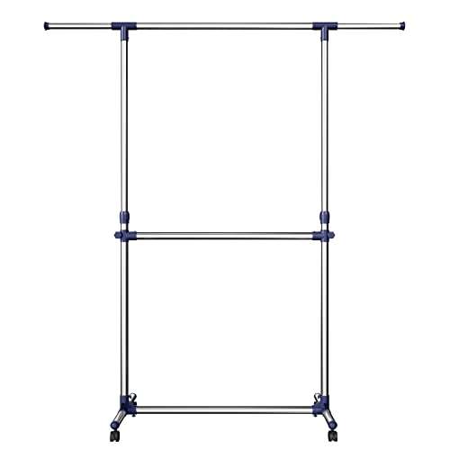 SONGMICS Adjustable Garment Rack Clothes Hanging Rail Stand with Middle Rail - Stainless Steel Clad Pipe LLR41L