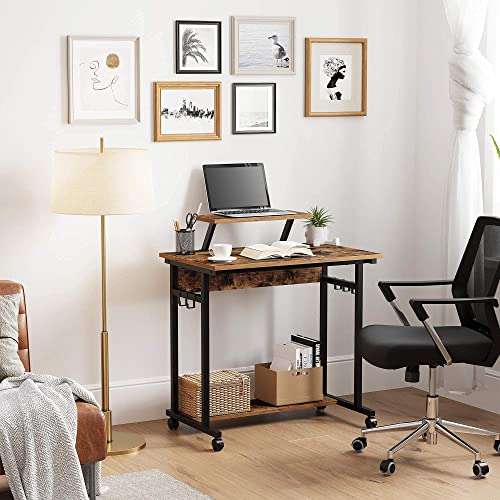 VASAGLE Mobile Computer Desk, Study Writing Table with Monitor Stand, 6 Hooks, 80 x 50 x 90 cm