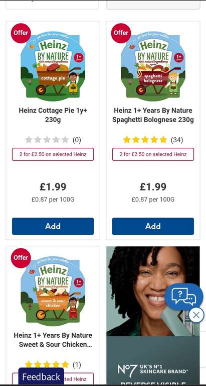 Heinz 1+ Years By Nature Baby Food Various Flavours 2 for £2.50 + £1.50 Collection @ Boots