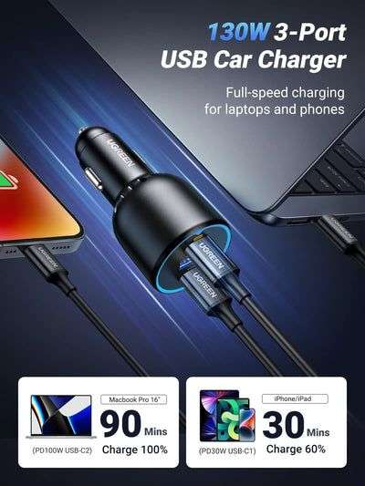 Ugreen 130W PD Car Charger 3 Ports with 100W USB C Cable