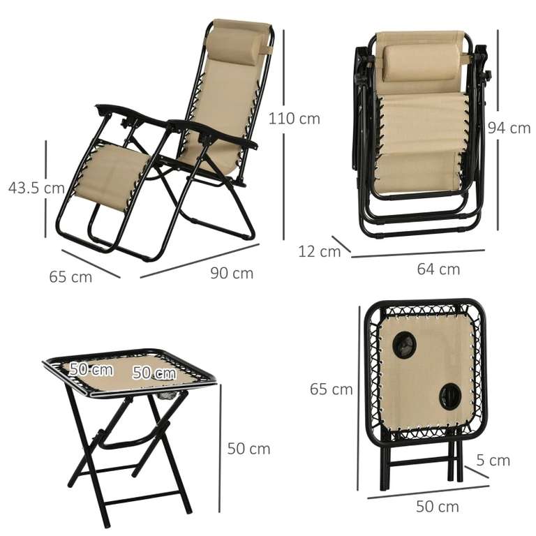 Outsunny 3pcs Folding Zero Gravity Chairs Sun Lounger Table Set w/ Cup Holders