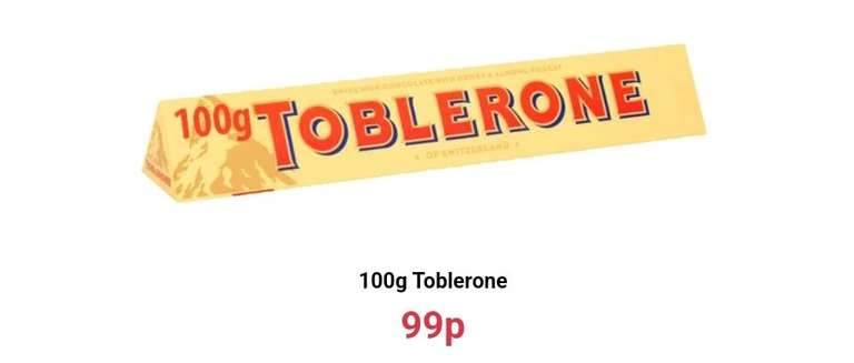 Toblerone Milk Chocolate Large Bar 100g 99p @ Farmfoods