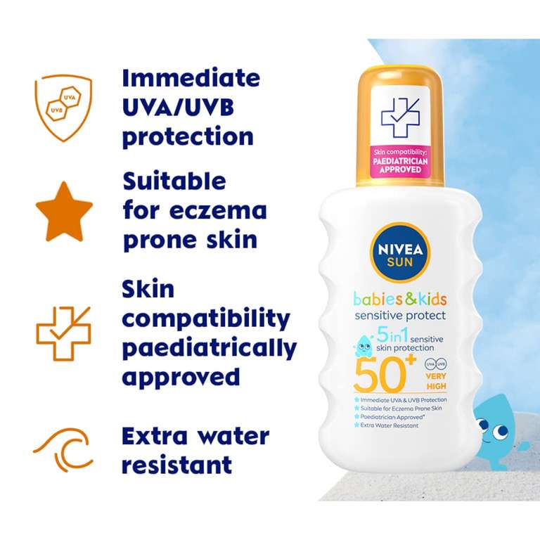 3 x NIVEA SUN Kids Protect & Sensitive Spray (200ml) Sunscreen Spray with SPF 50+, £12.75 S&S /£10.87 Max S&S +Voucher on 1st S&S