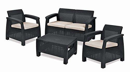 Corfu Outdoor 4 Seater Rattan Sofa Furniture Set with Accent Table - Graphite with Cream/Mushroom Cushions