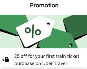 £5 off for your first train ticket purchase on Uber Travel (Selected Accounts)