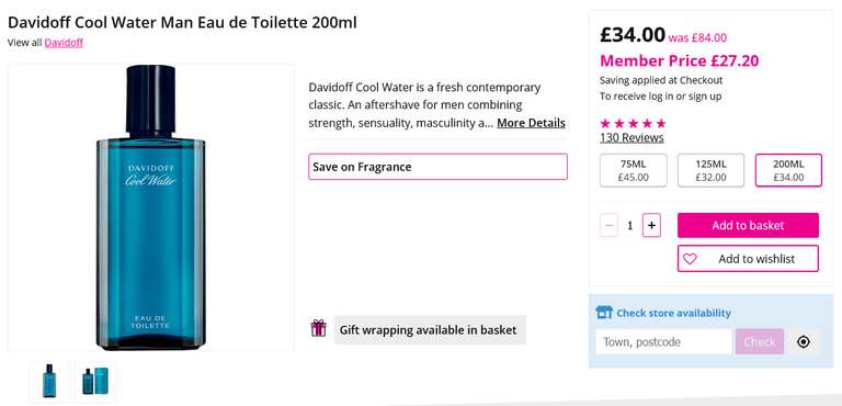 Davidoff Cool Water Man Eau de Toilette 200ml - Members Price (£24.48 with Student Discount) + Free C&C