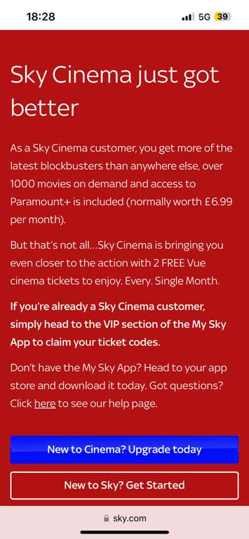 Sky VIP - Sky Cinema £8pm x 12m + 2 Free Vue Cinema ticket per month + Free Paramount Plus TV (Selected Accounts)