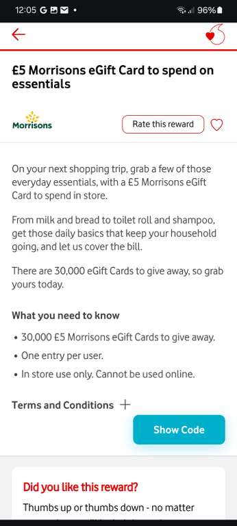 Morrisons £5 egift card via Vodafone VeryMe (minimum spend £10) Selected Accounts