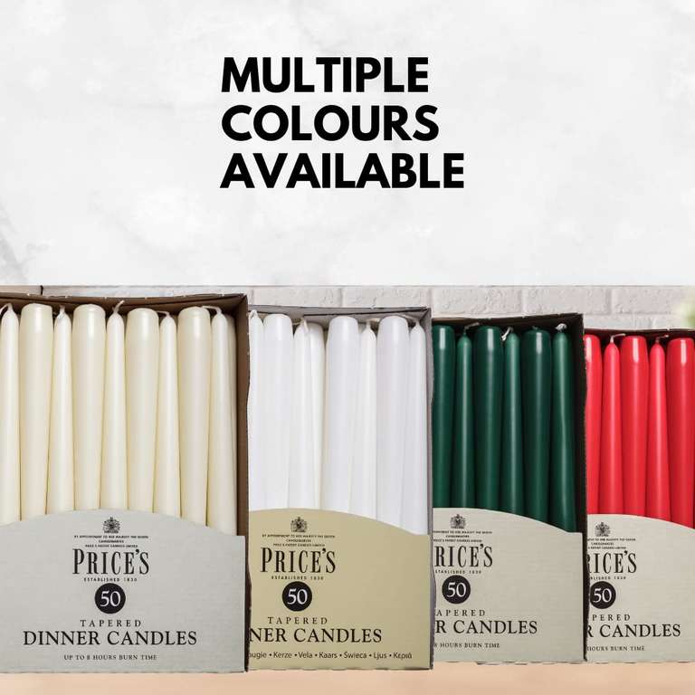 Price's Candles - Tapered Dinner Candles - Pack of 50 - White - Dripless - Unscented - 7 Hour Burn Time