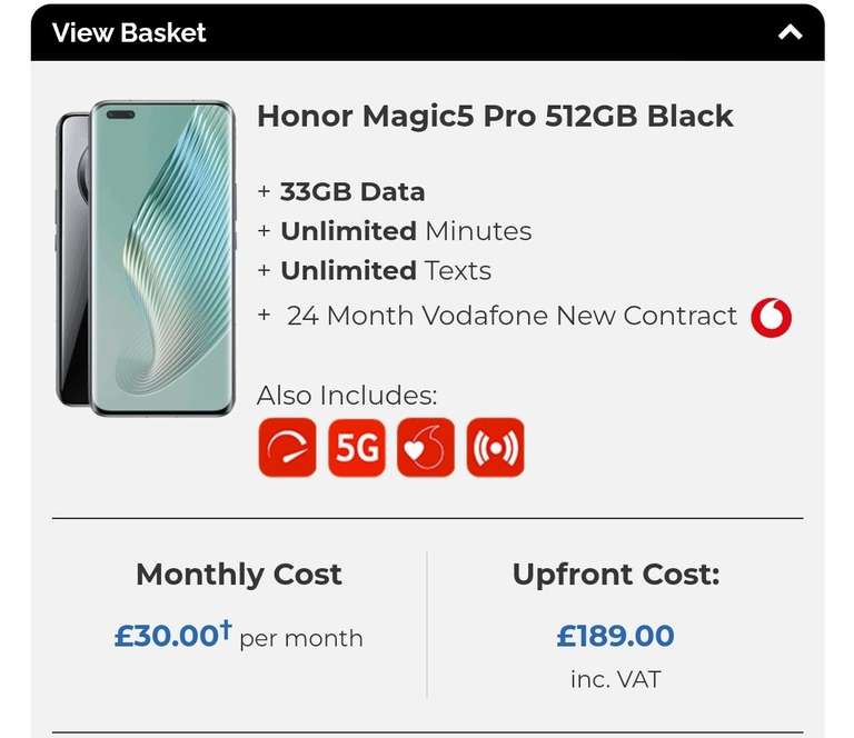 Honor Magic5 Pro 512GB Black + Honor Pad X8 - Vodafone 33GB Data / Unlimited Mins & Texts, £30 Monthly / 24M + £189 Upfront / £164 BLC