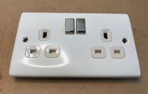 Box of 5* BG NEXUS Gloss White Double Switched 13A Socket 2P Chrome - sold by Earthed Electricals