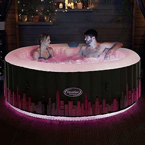 CleverSpa Manhattan 4 Person Round Inflatable Outdoor Bubble Spa Hot Tub - 7 Colour LED Lights - Sold and dispatched by Spreetail.
