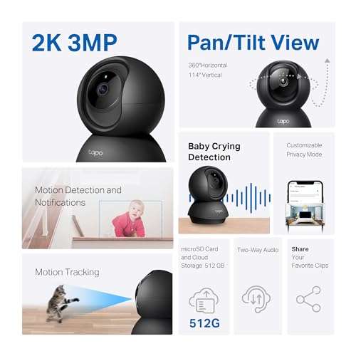 Tapo 2K Pan/Tilt Home Security Wi-Fi Camera, 360° horizontal and 114° vertical range, Baby Cry Detection, 2way audio, C211 Black