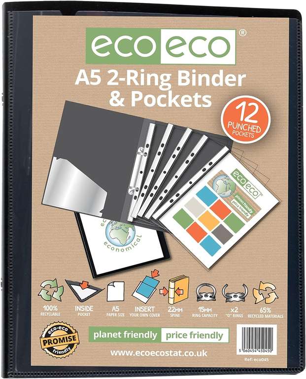 eco-eco A5 65% Recycled Presentation Ring Binder with 12 Multi Punched Pockets Black