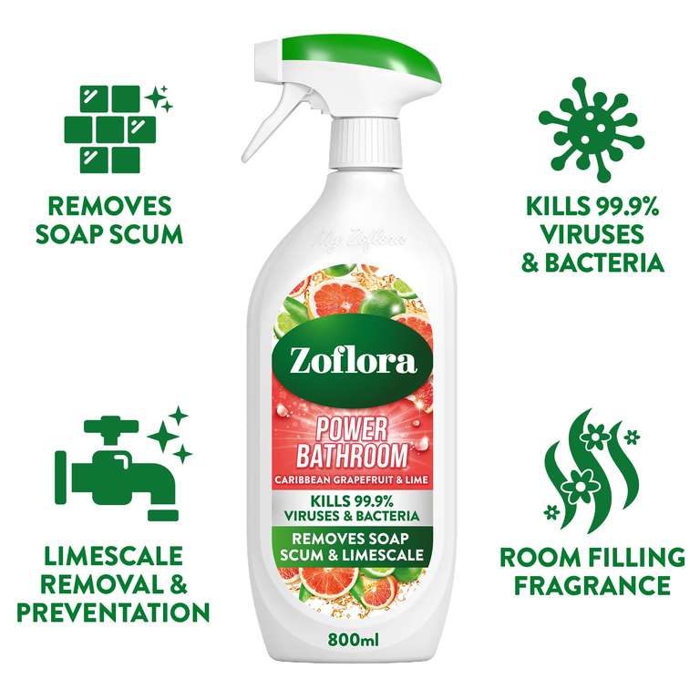 3 x Zoflora Caribbean Grapefruit & Lime Power Bathroom Spray, Removes Limescale & Soap Scum (£4.87 max s&s)