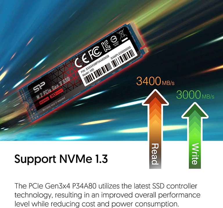 Silicon Power PCIe M.2 NVMe SSD 2TB Gen3x4 R/W up to 3,400/3,000MB/s internal SSD with DRAM Sold by SP EUROPE