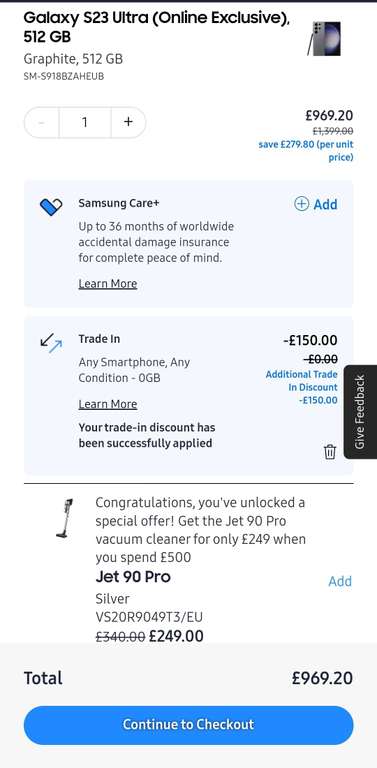 Samsung Galaxy S23 Ultra 512gb Graphite £1119.20 / £969.20 after trade in + claim £300 Adidas voucher @ Samsung EPP